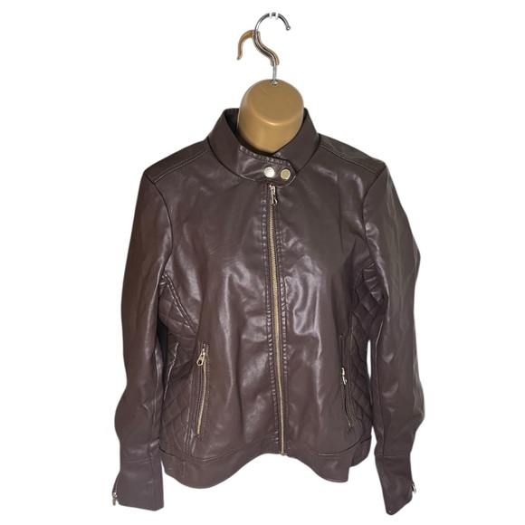 French Connection Women’s Faux Leather Moto Jacket Quilted Sides Brown M - Picture 1 of 9